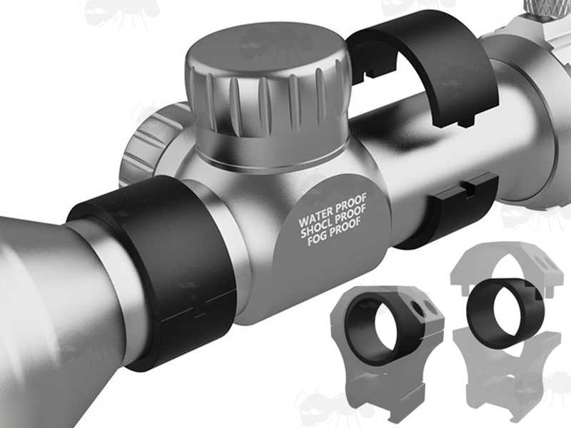 Pair of Plastic 30mm to 25mm Scope Ring Size Adapters for Single Clamped Standard Mounts, Shown Fitted to Scope Mounts and Rifle Scope