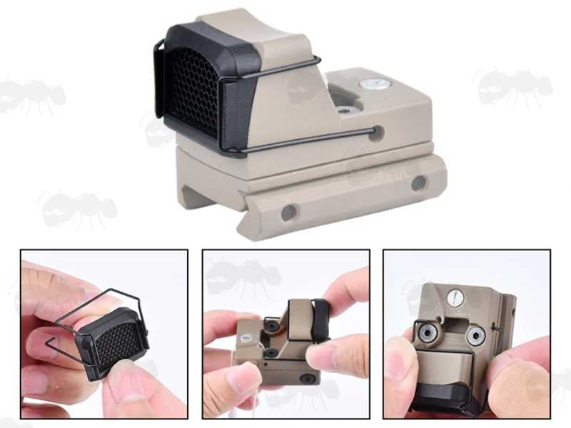 Airsoft Trijicon RMR Style Anti-Reflection Device Killflash with Metal Clip-On Fittings, Shown Being Fitted to a Tan Coloured RMR Sight