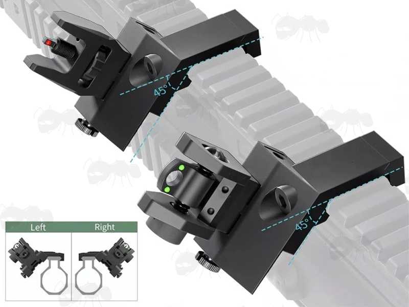 Pair of Airsoft Black M4 Offset Folding Ironsights with Fibre Optics