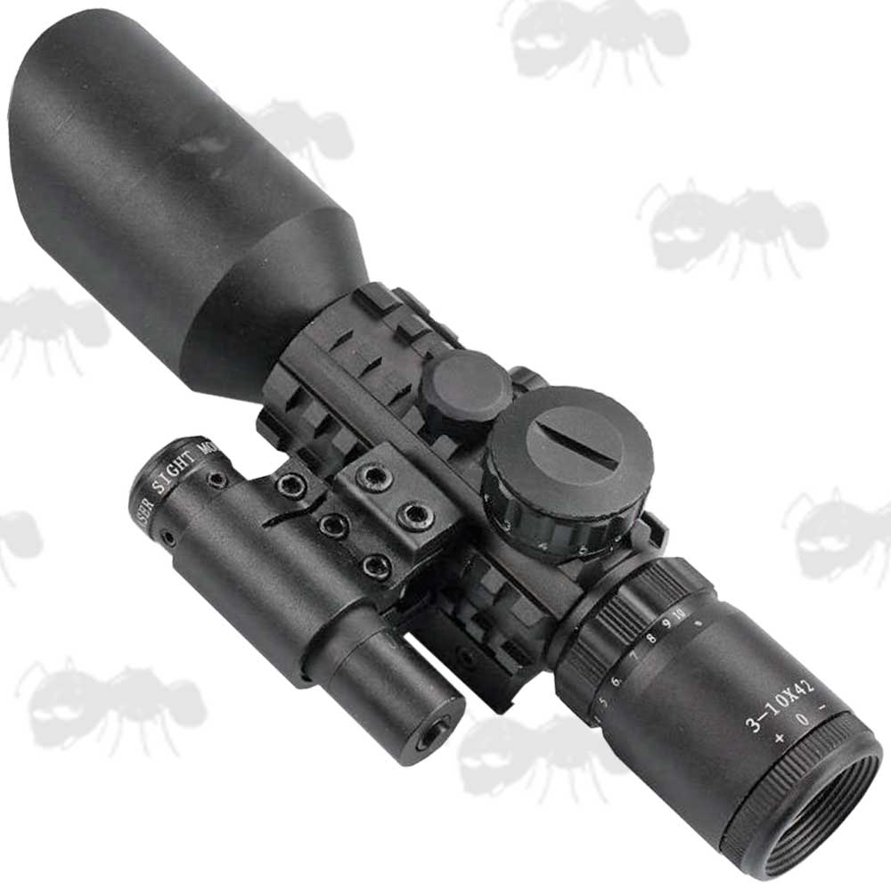 AnTac 3-10x42eg Compact Telescopic Scope with Tri-Rail Body Fitted with Laser Sight
