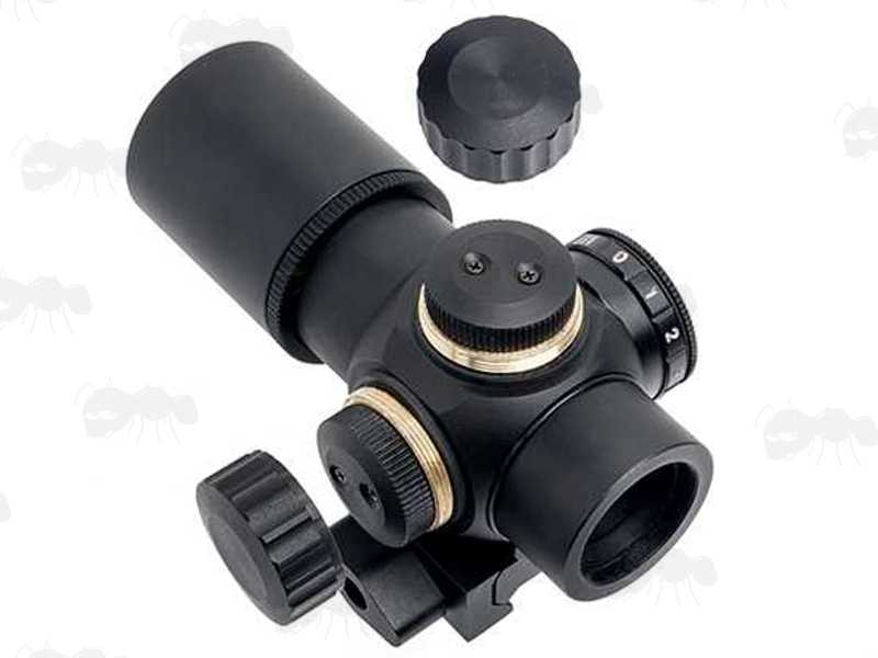 AnTac Compact 1x20e Prism Rifle Scope, with Turret Dust Caps Shown Removed