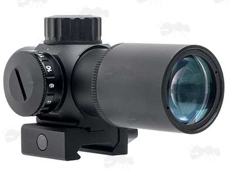 Front Lens End View of The AnTac Compact 1x20e Prism Rifle Scope
