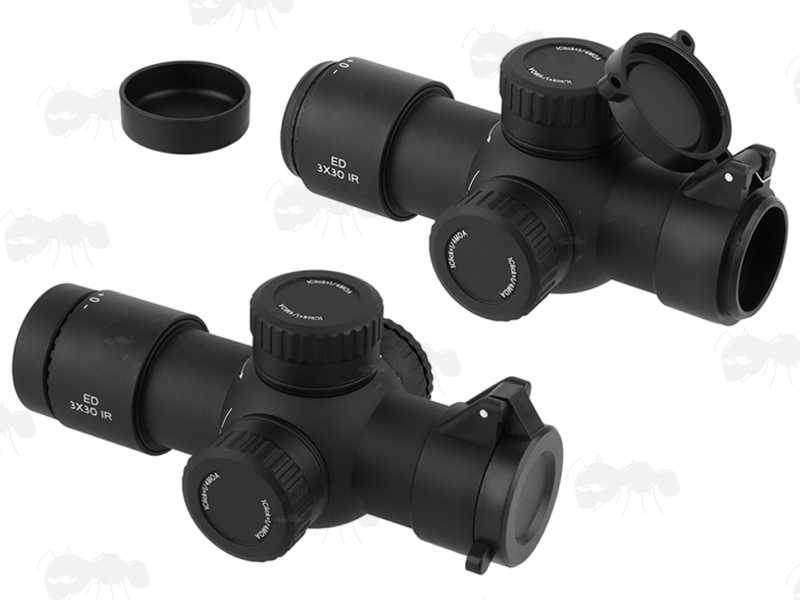 AnTac Compact 3x30 Prism Rifle Scopes with Lens Caps Fitted and Open