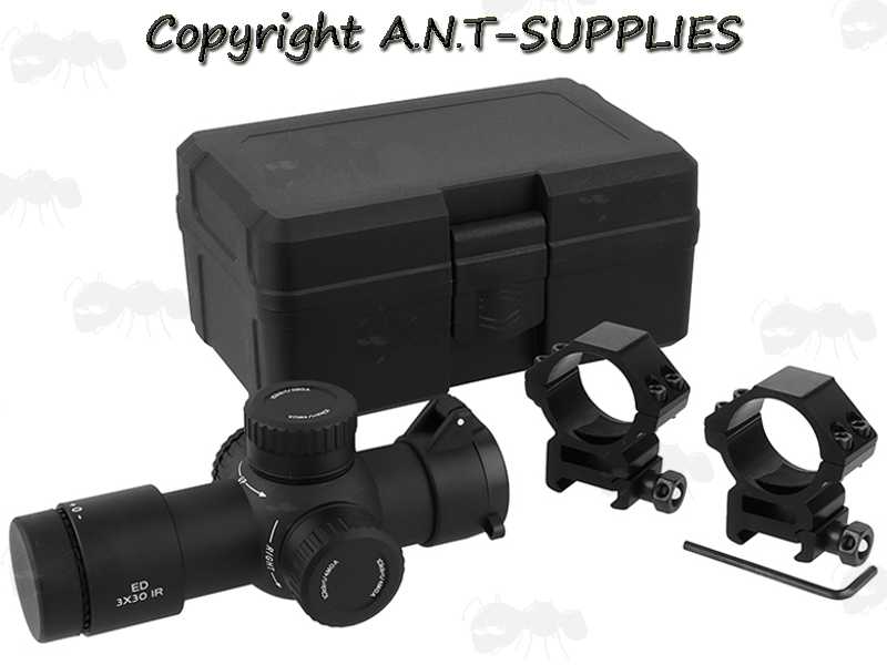 AnTac Compact 3x30 Prism Rifle Scope, with Picatinny Medium Profile Ring Mounts and Hard Plastic Storage Case
