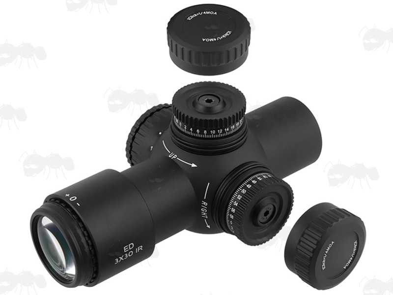 AnTac Compact 3x30 Prism Rifle Scope with Elevation and Windage Covers Removed