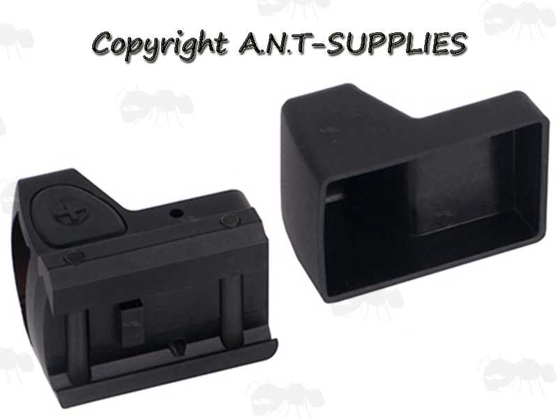 Base View of The AnTac RMR Base Sized Mini Reflex Sight with Brightness Settings Shown with a Protective Rubber Cover Hood