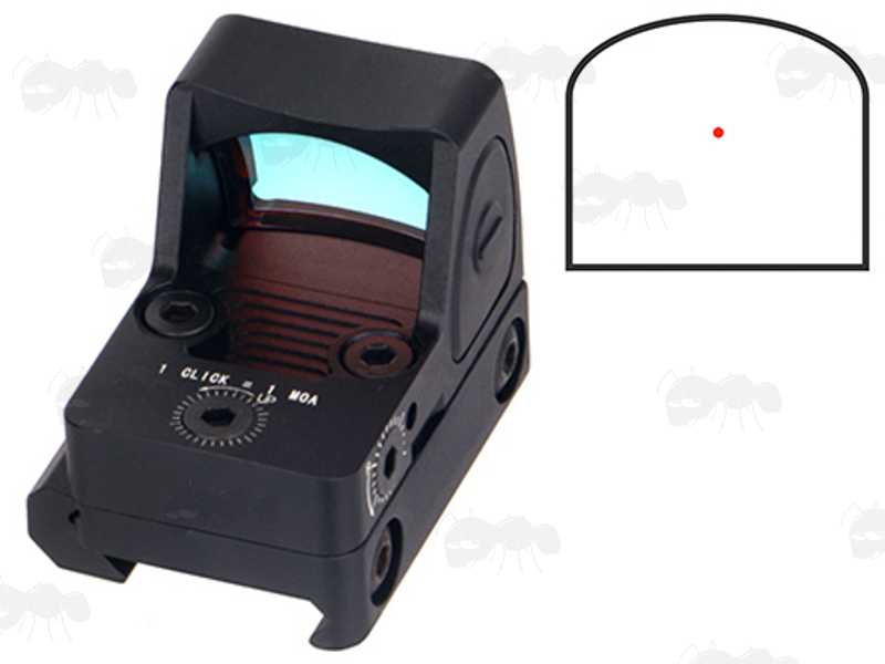 Rear View of The AnTac RMR Base Sized Mini Reflex Sight with Brightness Settings Shown with Red Dot Display