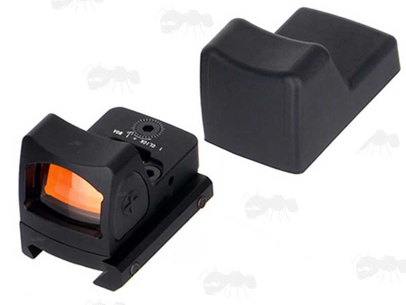 Front View of The AnTac RMR Base Sized Mini Reflex Sight with Brightness Settings Shown with a Protective Rubber Cover Hood