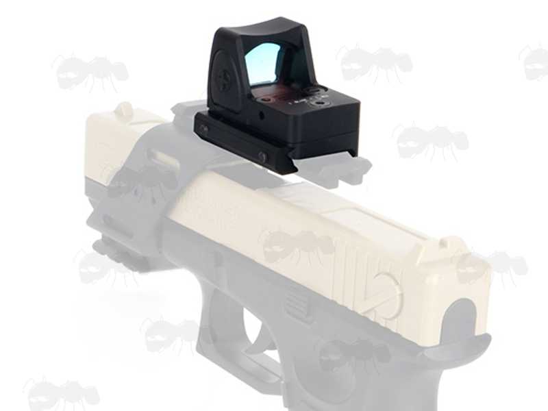 AnTac RMR Base Sized Mini Reflex Sight with Brightness Settings Shown Fitted to a Glock Pistol via a Bridge Rail Mount
