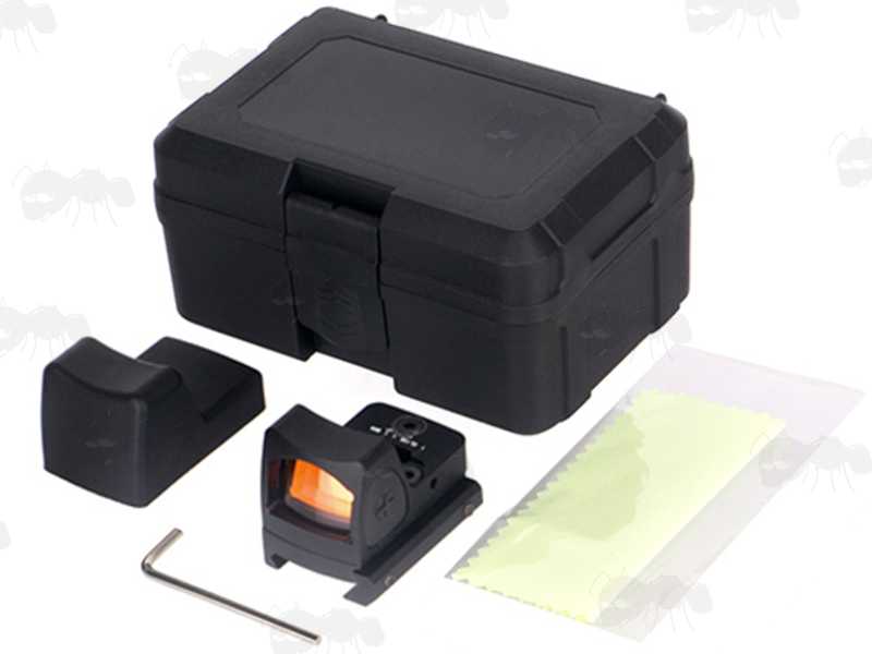 AnTac RMR Base Sized Mini Reflex Sight with Brightness Settings Shown on With Rubber Hood, Cleaning Cloth, Allen Key and Hard Plastic Storage Case
