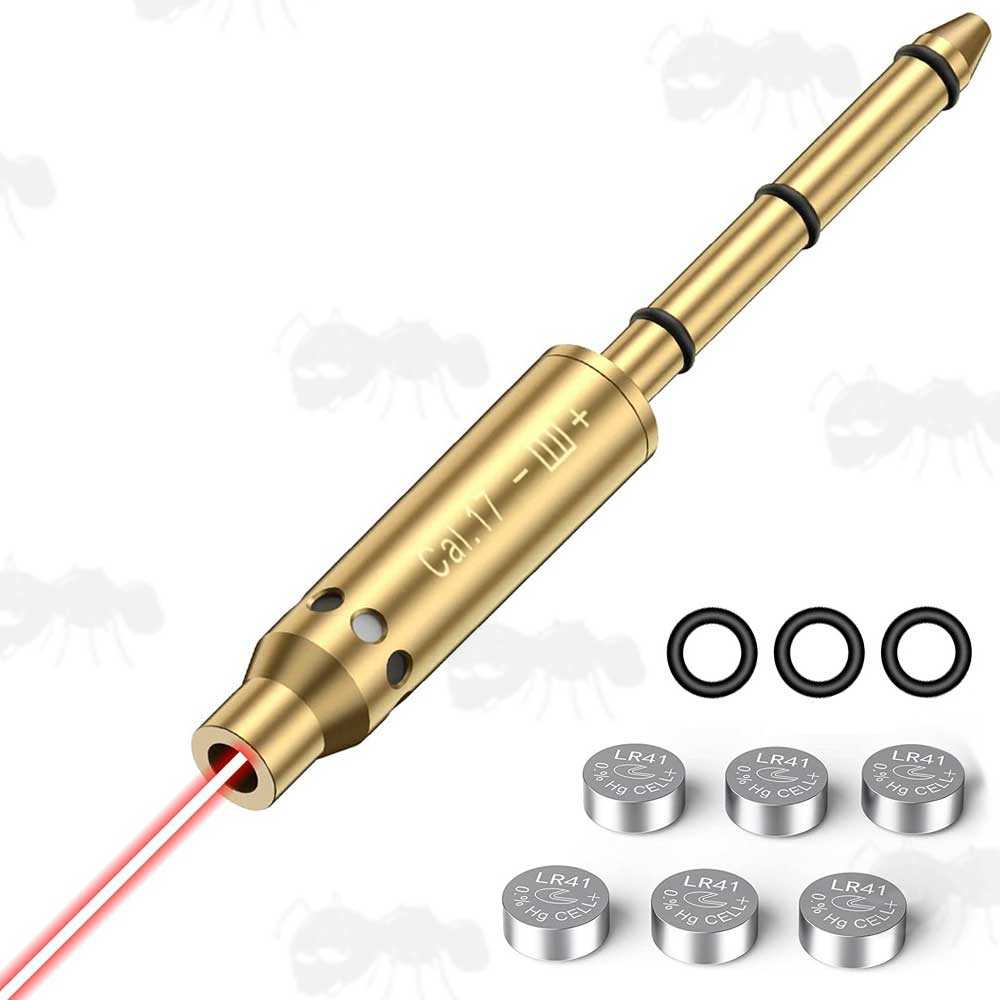 Brass .170 Calibre Rifle Barrel Muzzle Fitting Laser BoreSighter with Spare Black Rubber O-Rings and Button Cell Batteries