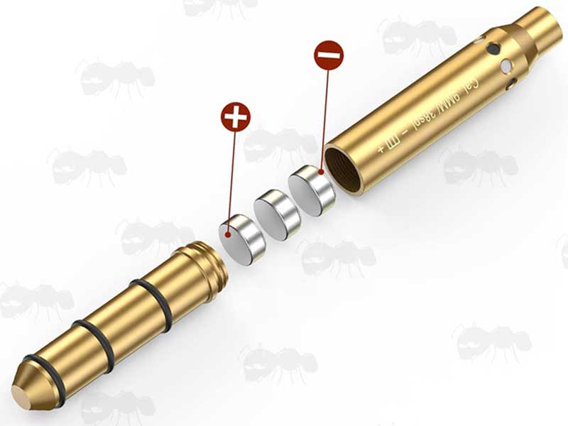 Brass 9mm Calibre Rifle Barrel Muzzle Fitting Laser BoreSighter Shown Open with Battery Fitting Direction Guide