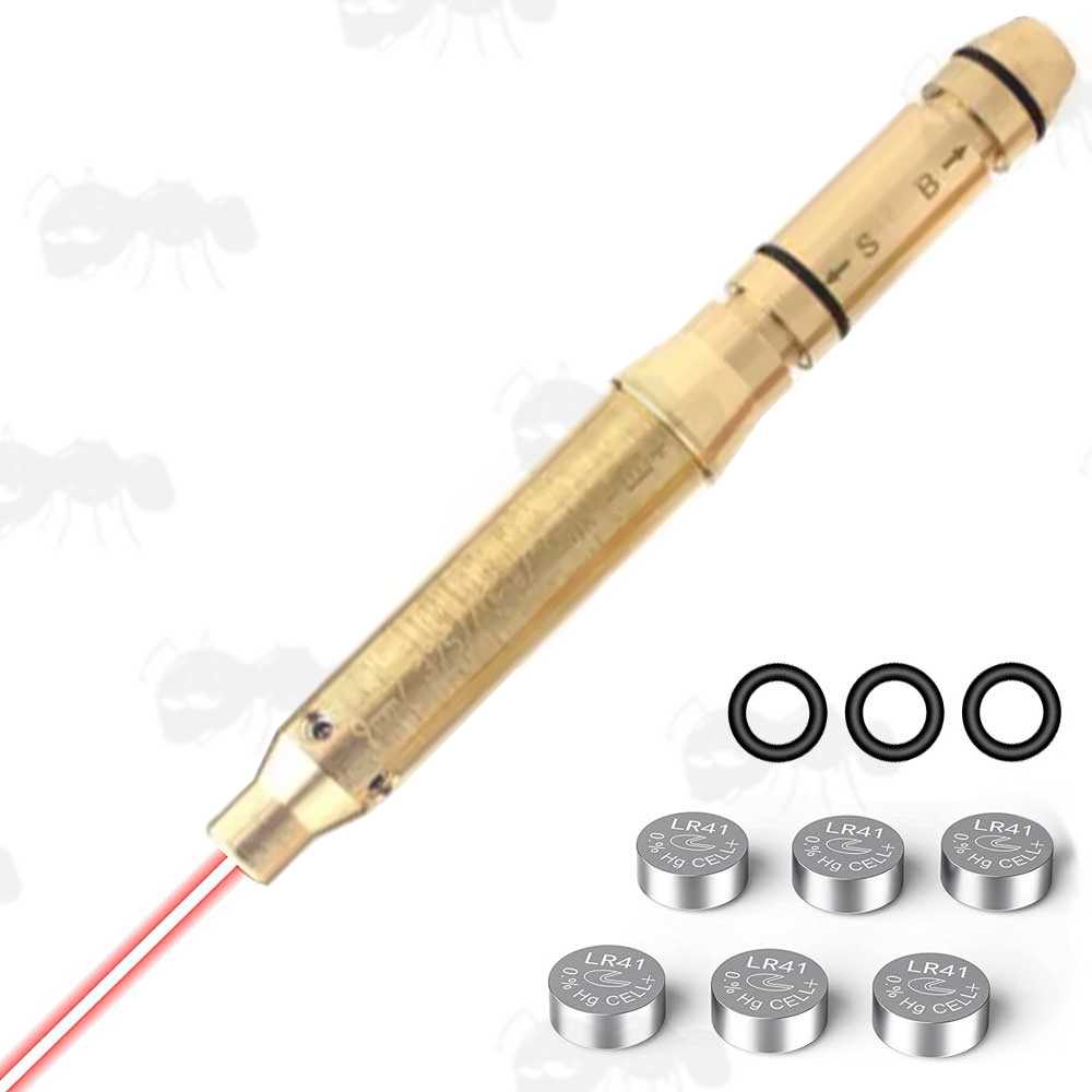 Brass 9mm Calibre Rifle Barrel Muzzle Fitting Laser BoreSighter with Spare Black Rubber O-Rings and Button Cell Batteries