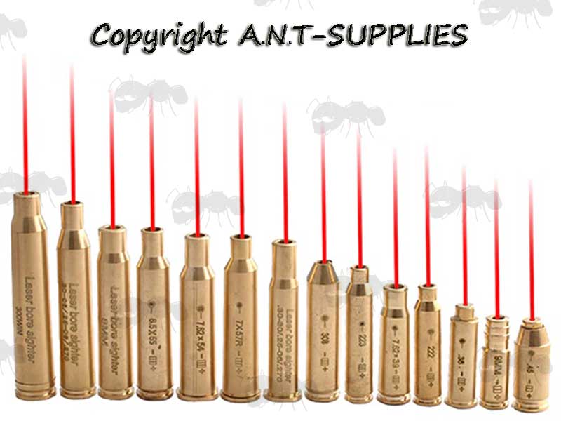 Range Of Fourteen Brass Casing Cartridge Style Rifle and Pistol Laser Bore Sighters