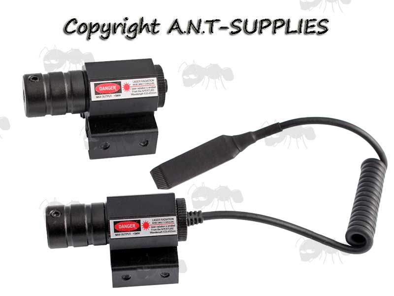 Compact Black Aluminium Cylindrical Gun Rail Mounted Red Laser Sight With and Without The Pressure Pad Tailcap Switch Fitted