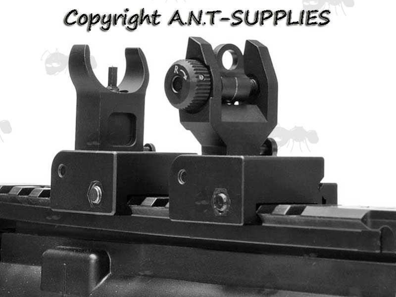 Front and Rear Compact Design Folding Iron Sights On Rifle Rail Base