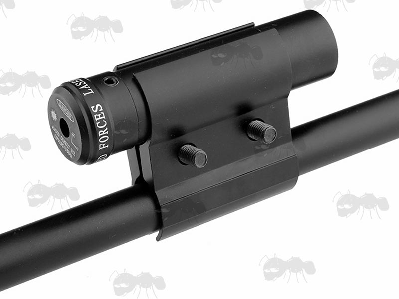 Compact Black Aluminium Cylindrical Red Laser Sight with Barrel Clamp Fitted to a Barrel