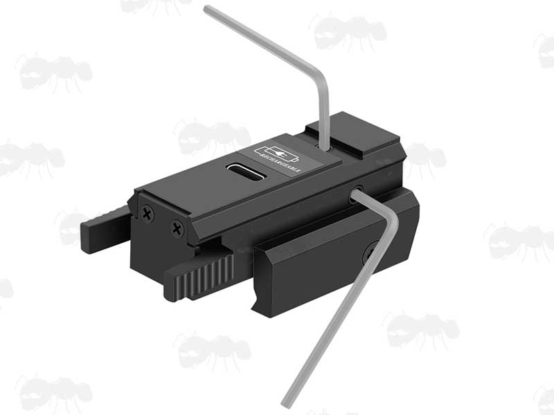 View of The Elevation and Windage Adjustment Grub Screws Being Adjusted on The USB Rechargeable Low-Profile Black Aluminium Gun Rail Mount Red Laser Sight