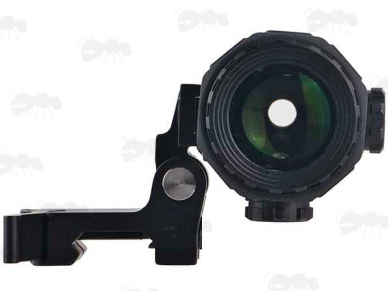 Front Flipped Over View of The Dot Sight Miniaturised Magnifier with x3 Magnification, Mounted on a Flip To The Side Picatinny Rail Base Mount