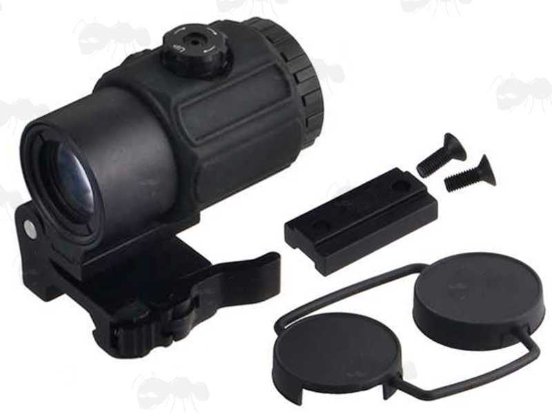 Dot Sight Miniaturised Magnifier with x3 Magnification, Mounted on a Flip To The Side Picatinny Rail Base Mount, Shown with a HWS Shim and Rubber Bikini Style Lens Covers