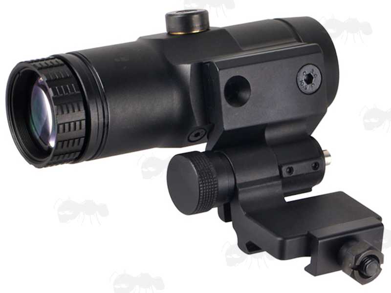 Flip To The Side Weaver / Picatinny Rail Fitting Dot Sight Magnifier with x3 Magnification, Shown Flipped to The Side