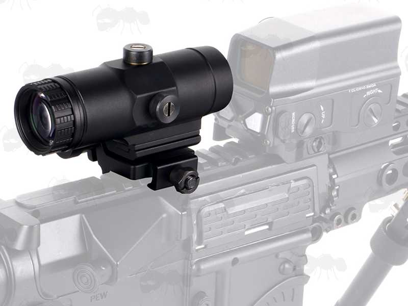 Flip To The Side Weaver / Picatinny Rail Fitting Dot Sight Magnifier with x3 Magnification, Shown Fitting to Rifle Rail with Holosight