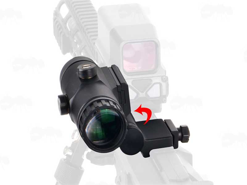 Flip To The Side Weaver / Picatinny Rail Fitting Dot Sight Magnifier with x3 Magnification, Shown Fitting to Rifle Rail and Flipped to The Side with Holosight