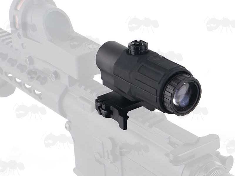 Flip To The Side Weaver / Picatinny Rail Fitting Dot Sight Magnifier with x3 Magnification, Shown Fitted to Rifle