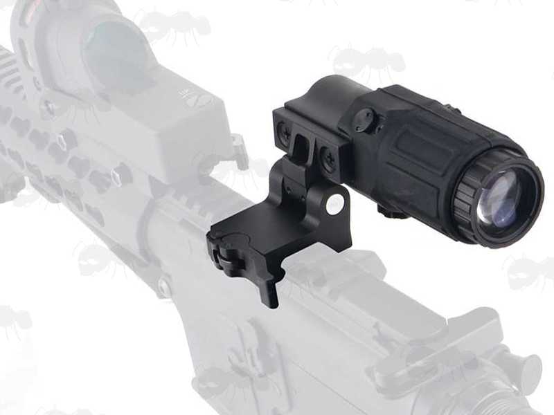 Flip To The Side Weaver / Picatinny Rail Fitting Dot Sight Magnifier with x3 Magnification, Shown Fitted To Rifle and Flipped to The Side