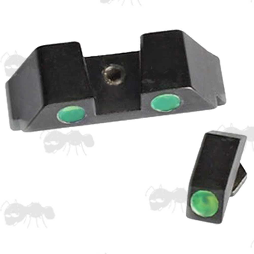 Front and Rear Glock Pistol Ironsights with Green Dots