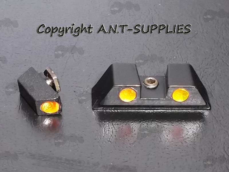 Front and Rear Glock Pistol Ironsights with Red / Orange Dots