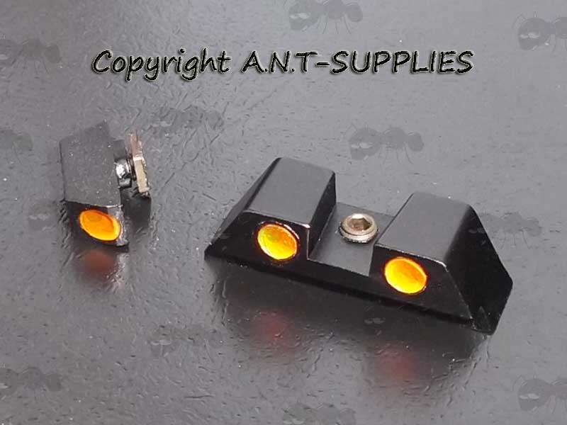 Front and Rear Glock Pistol Ironsights with Red / Orange Dots