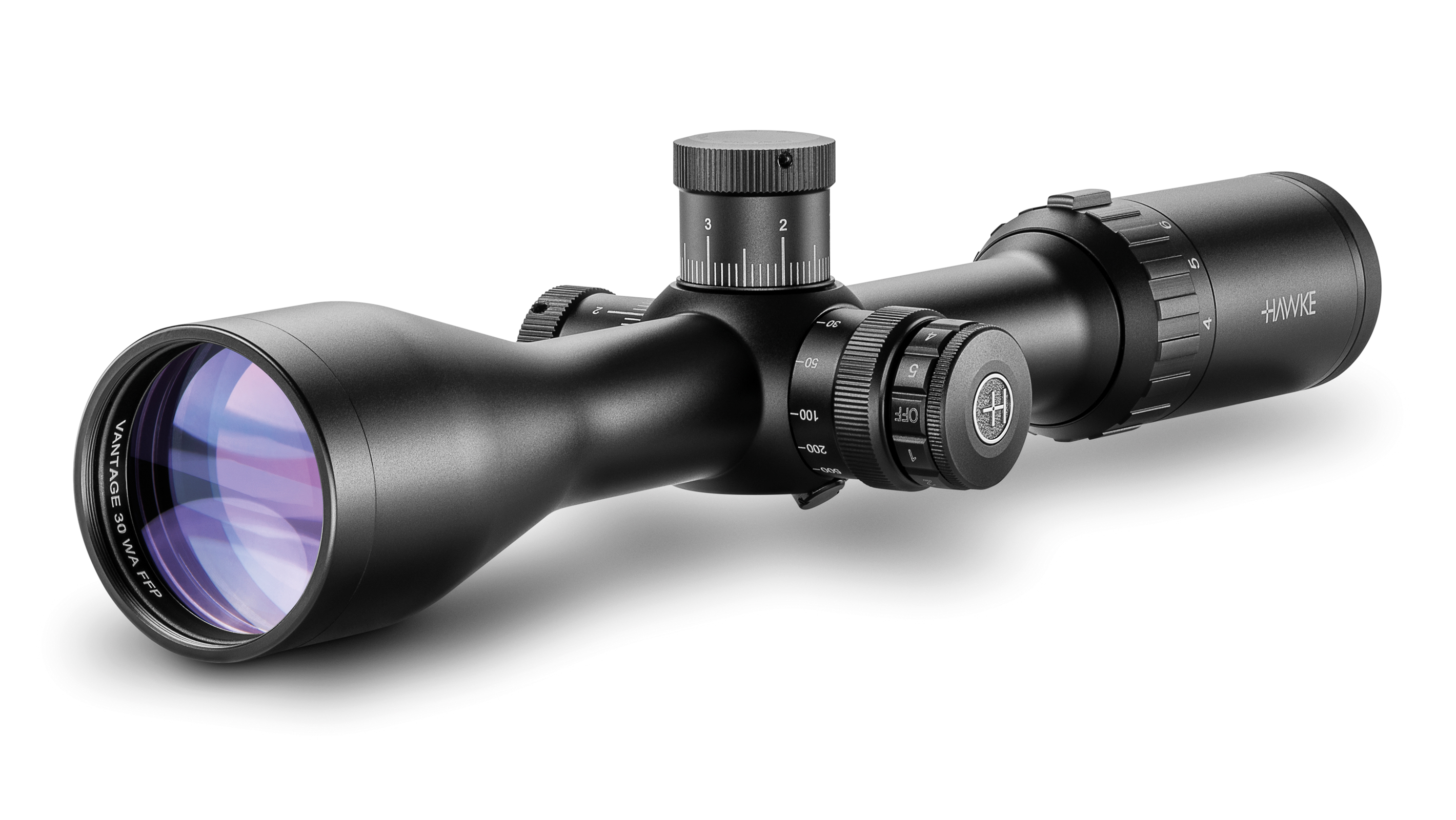 Objective End View Of The Hawke Vantage 30 WA FFP 4-16x50 Half Mil Dot IR Rifle Scope