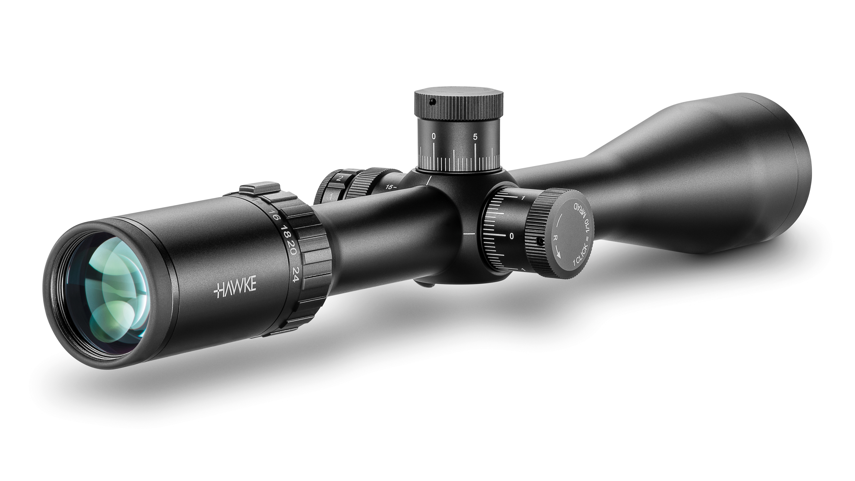 Objective End View Of The Hawke Vantage 30 WA FFP 6-24x50 Half Mil Dot IR Rifle Scope