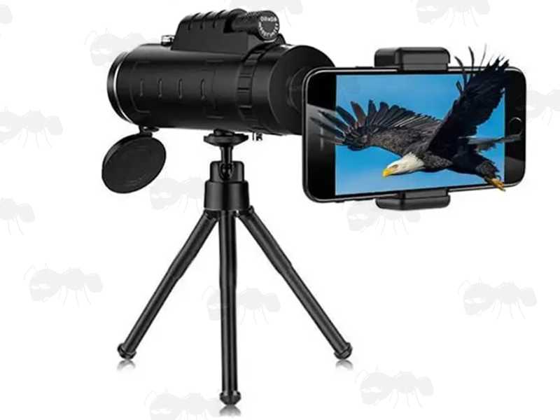Large 40x Magnification Monocular with 60mm Lens, Shown with Smart Phone Camera and Silver Tripod