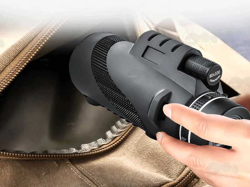 Large 16x Magnification Monocular with 42mm Lens Being Placed in a Tan Coloured Bag