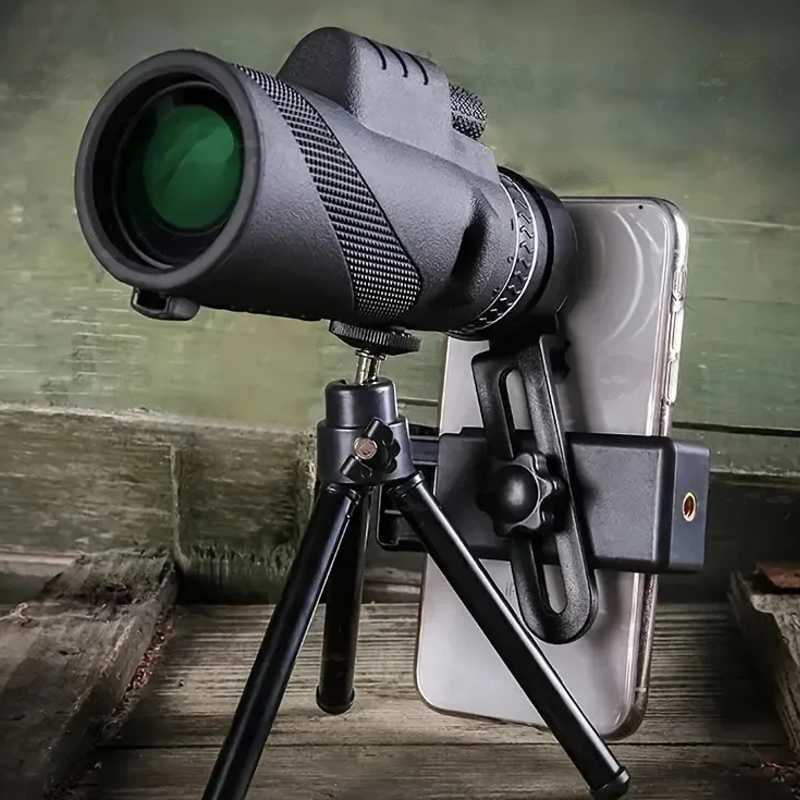 Large 16x Magnification Monocular with 42mm Lens, Shown with Smart Phone Camera and Black Tripod