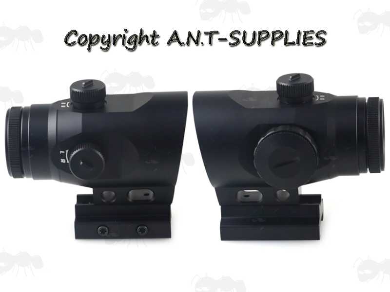 Left and Right Side Views of The Curved Design 1x20 Prism Red and Green Dot Sight with Weaver / Picatinny Rail Base Mount