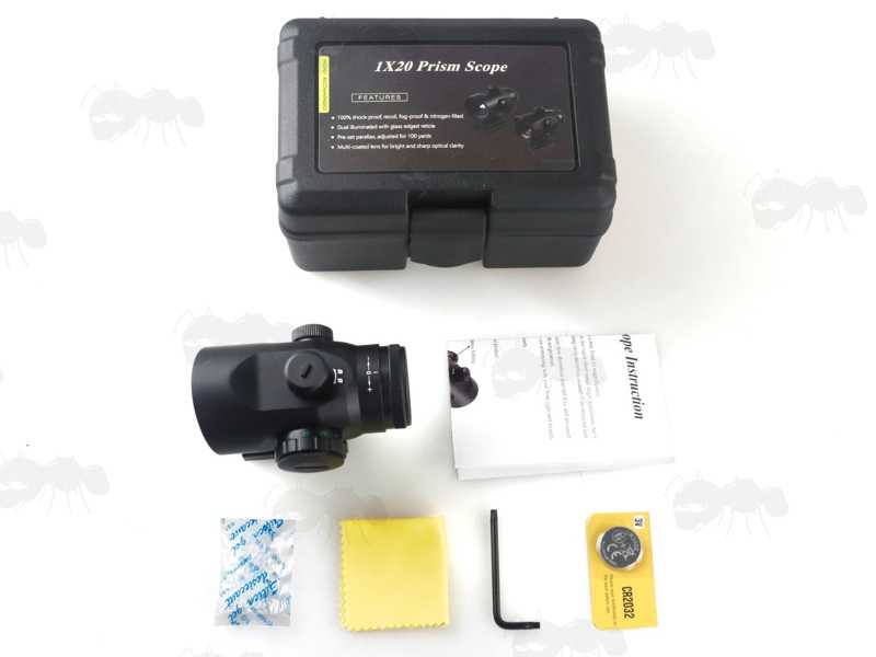 Curved Design 1x20 Prism Red and Green Dot Sight with Weaver / Picatinny Rail Base Mount Full Kit with Storage Box