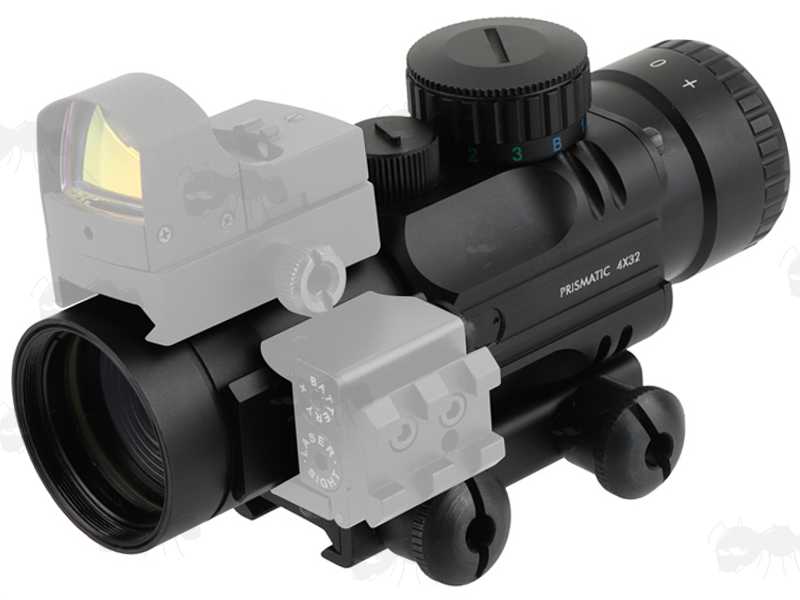 Red Dot and Laser Sight Fitted to The Accessory Rails on The Illuminated 4x32 Prismatic Rifle Scope