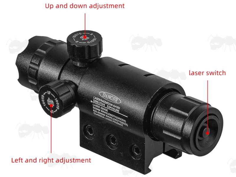 Features of The Adjustable Red Laser Gun Sight, SHown Fitted to The Weaver / Picatinny Rail Mount