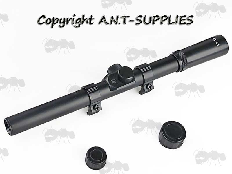 ANT 4x15 Duplex Crosshair Rifle Scope with Dovetail Rail Mounts & Lens Caps