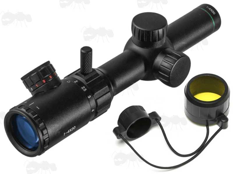 Short 1-4x20 Red and Green Illuminated LPVO Rifle Scope with See-Thru Bikini Style Lens Covers