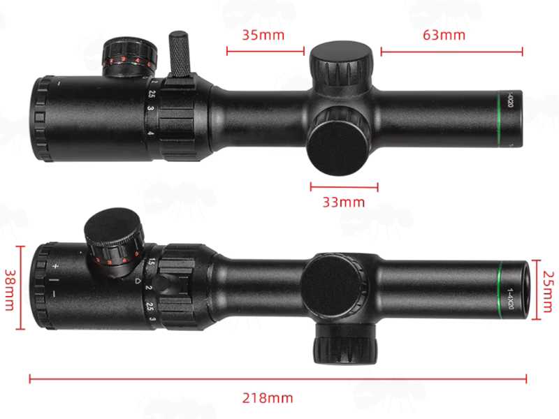 Side Length Views of The Short 1-4x20 Red and Green Illuminated LPVO Rifle Scope