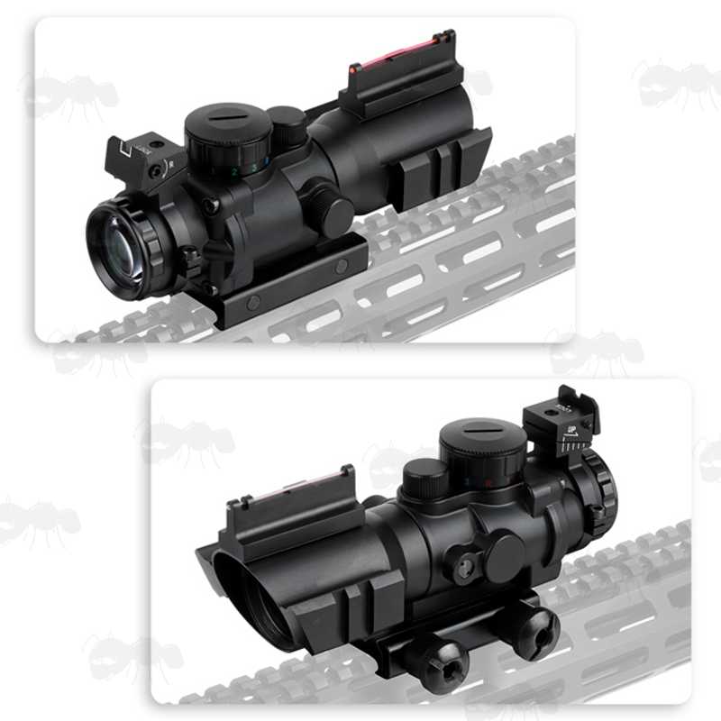 AnTac Tri-Illuminated 4x32 Rifle Scope with Back-Up Fiber Optic Manual Sights, Shown Fitted to a Rifle Picatinny Sight Rail