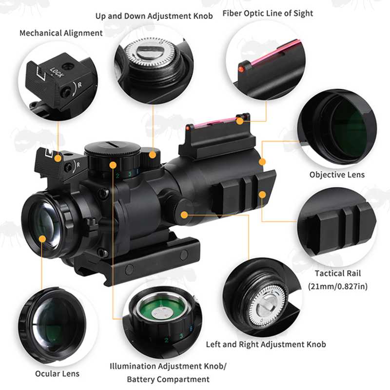 Features on The AnTac Tri-Illuminated 4x32 Rifle Scope with Back-Up Fiber Optic Manual Sights