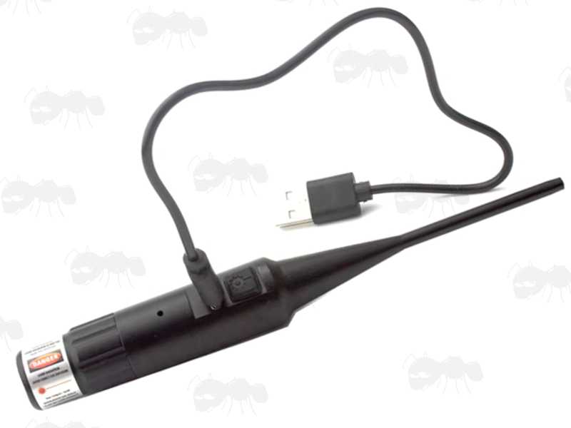 Universal Barrel Muzzle Fitting Red Laser Boresighter, Shown with USB-C Charger Cable Fitted