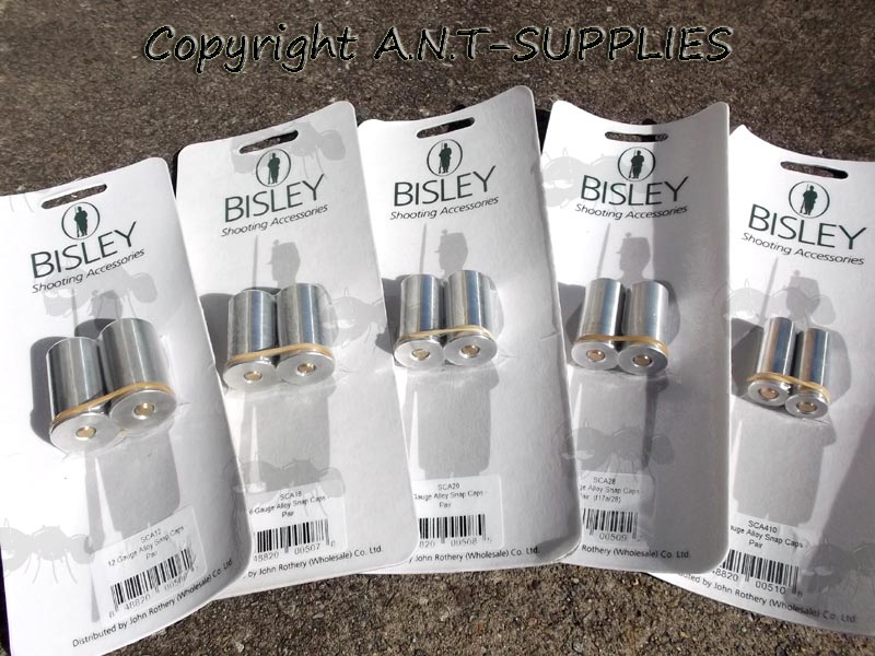 Five Packs of .410, 12g, 16g, 20g, 28g Bisley Alloy Shotgun Snap Caps in Hanger Display Packaging