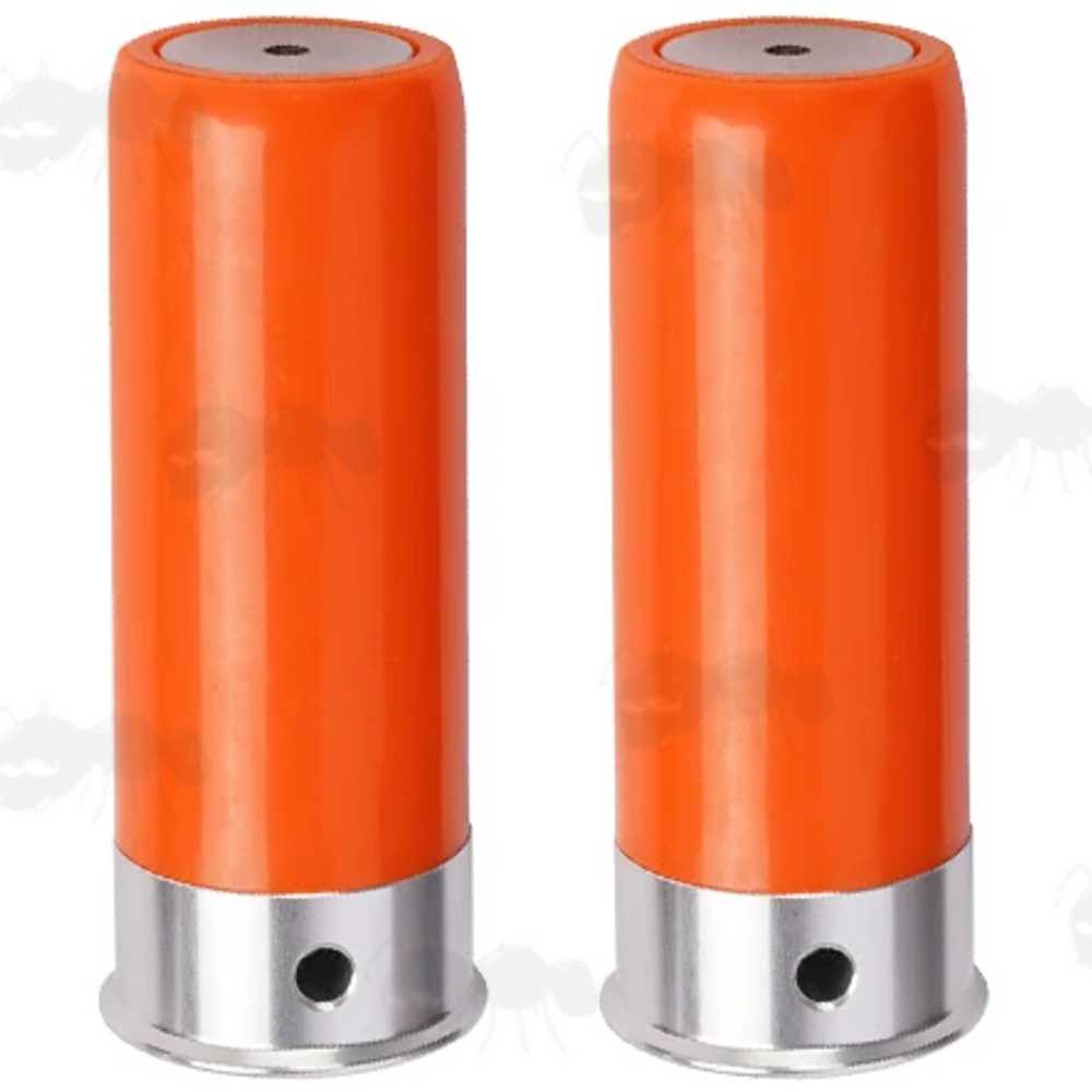 Pair of Bright Orange Plastic Snap Caps with Black Silicone Primers for 12g Shotguns
