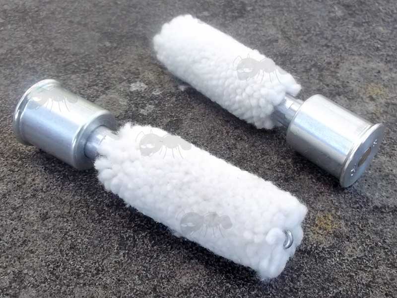 Pair of 28 Gauge Aluminium Shotgun Snap Caps with White Wool Mops